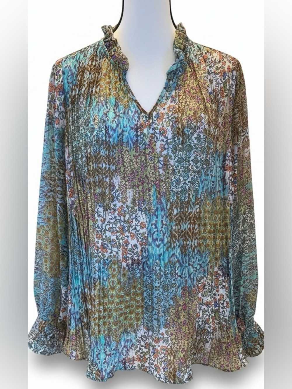 Multicolor Floral V-Neck Pleated Tunic Top Size L boho gypsy floral feminine